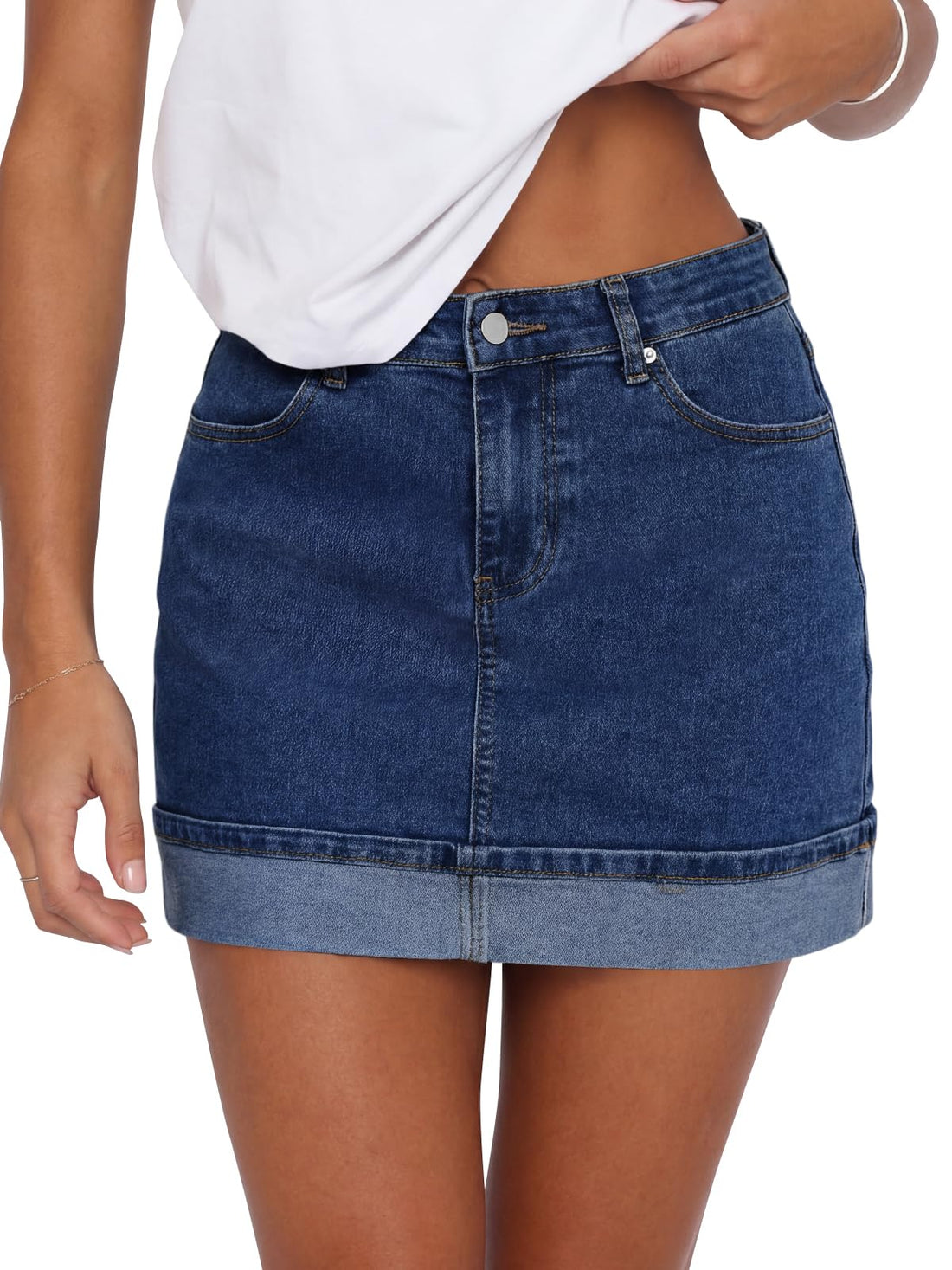 High Waisted Mini Denim Skirt, Stretchy Folded Hem Y2K Bodycon Jean Skirt for Summer