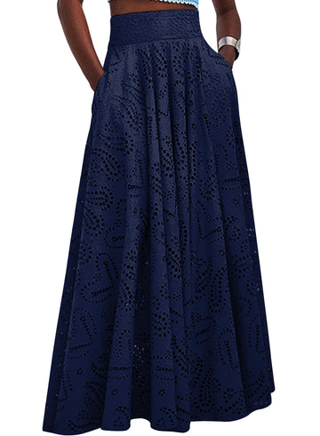 Long Maxi Eyelet Embroidered Skirt, Pleated A Line Party Skirt with Pockets