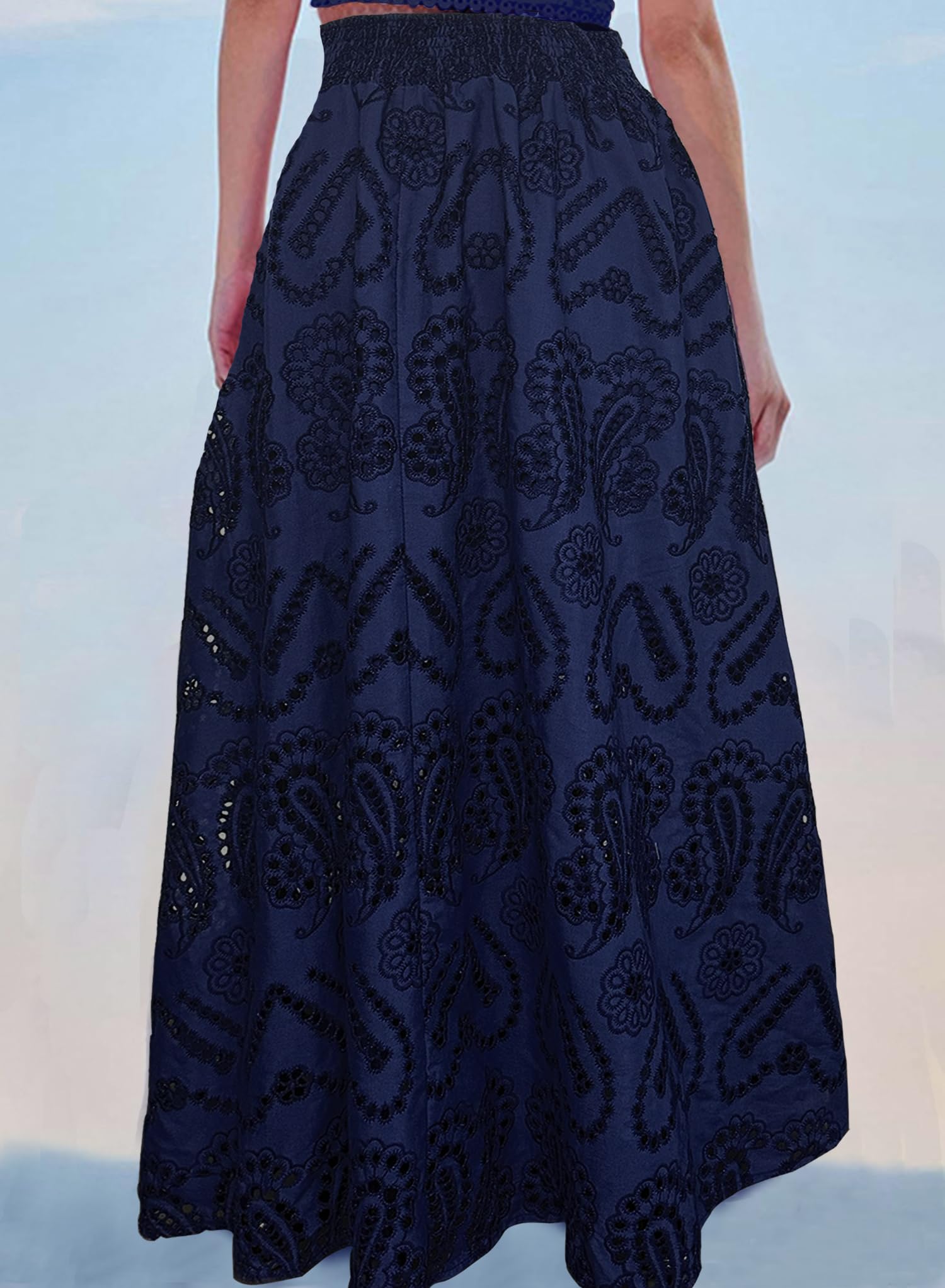 Long Maxi Eyelet Embroidered Skirt, Pleated A Line Party Skirt with Pockets