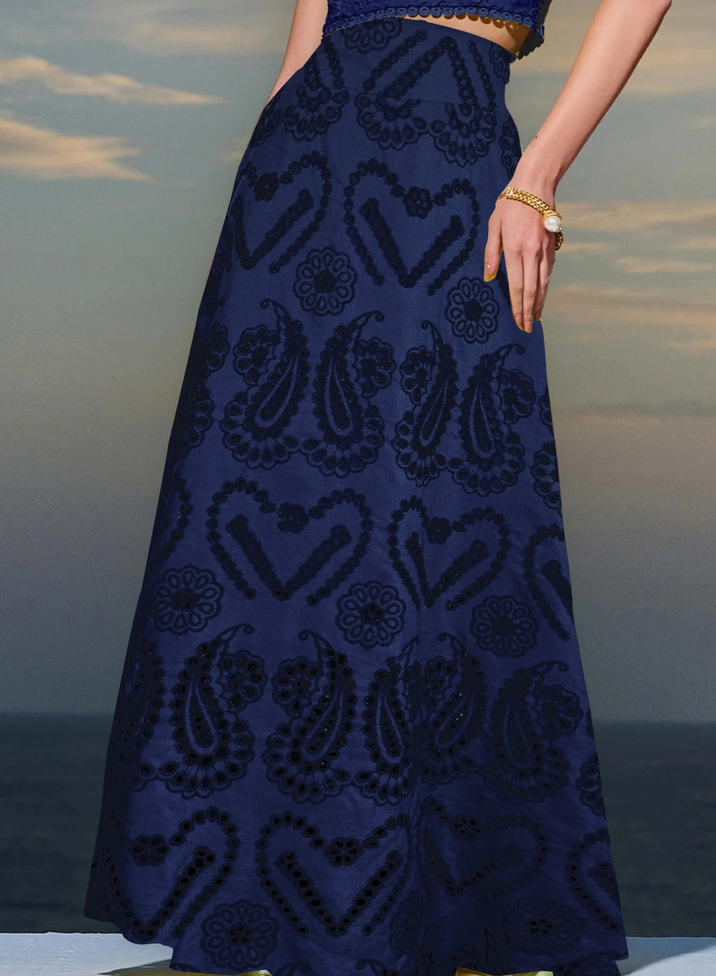 Long Maxi Eyelet Embroidered Skirt, Pleated A Line Party Skirt with Pockets