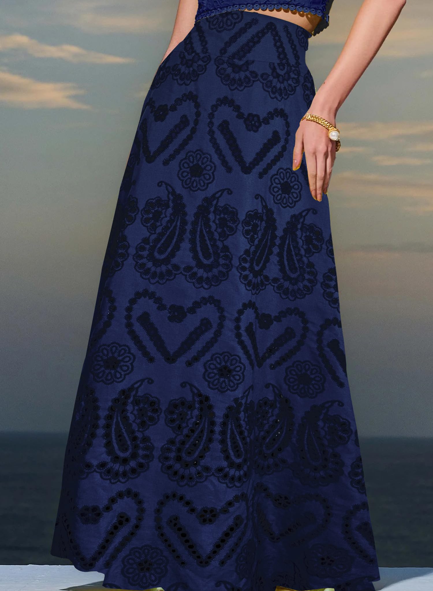 Long Maxi Eyelet Embroidered Skirt, Pleated A Line Party Skirt with Pockets