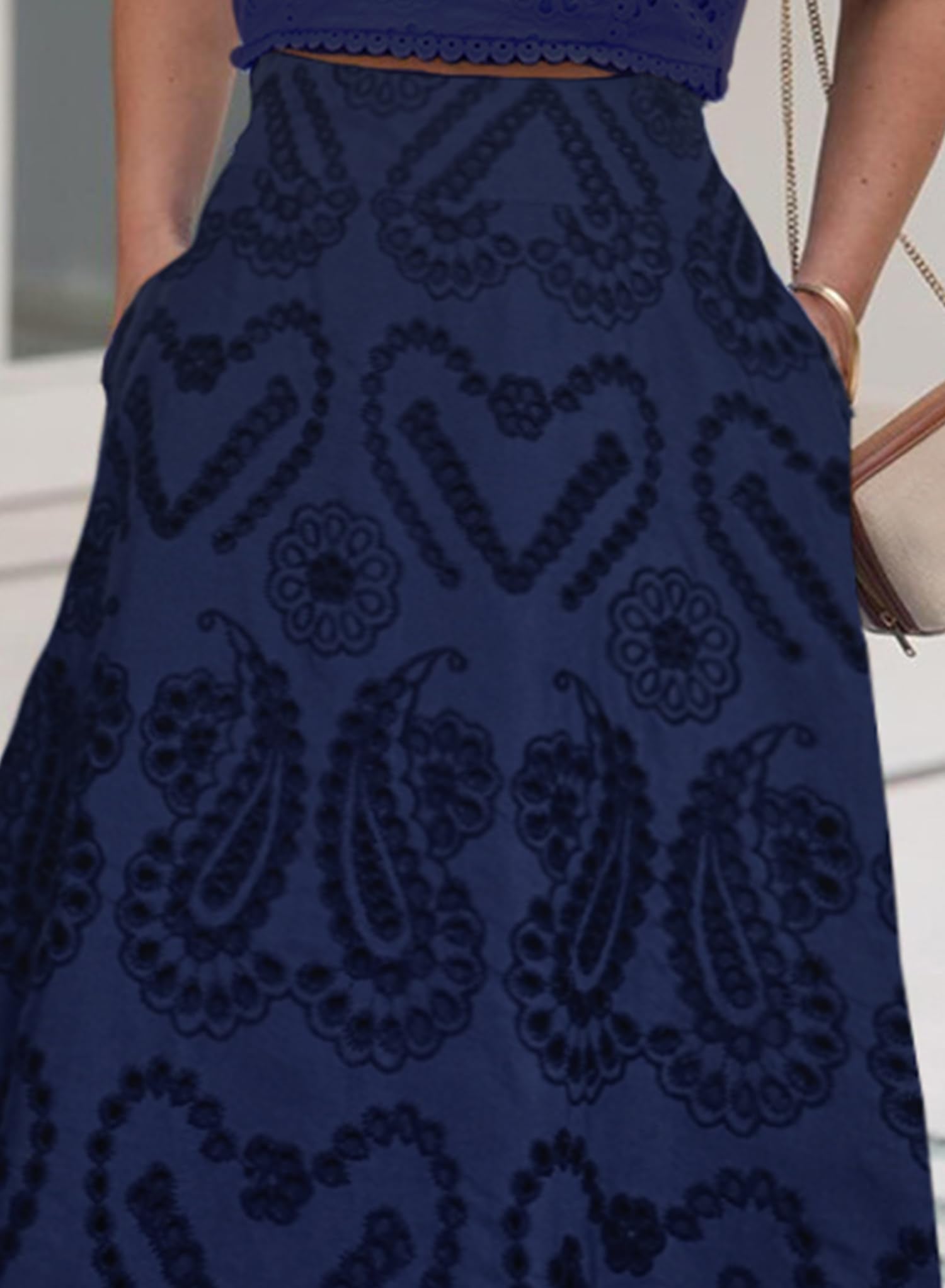 Long Maxi Eyelet Embroidered Skirt, Pleated A Line Party Skirt with Pockets
