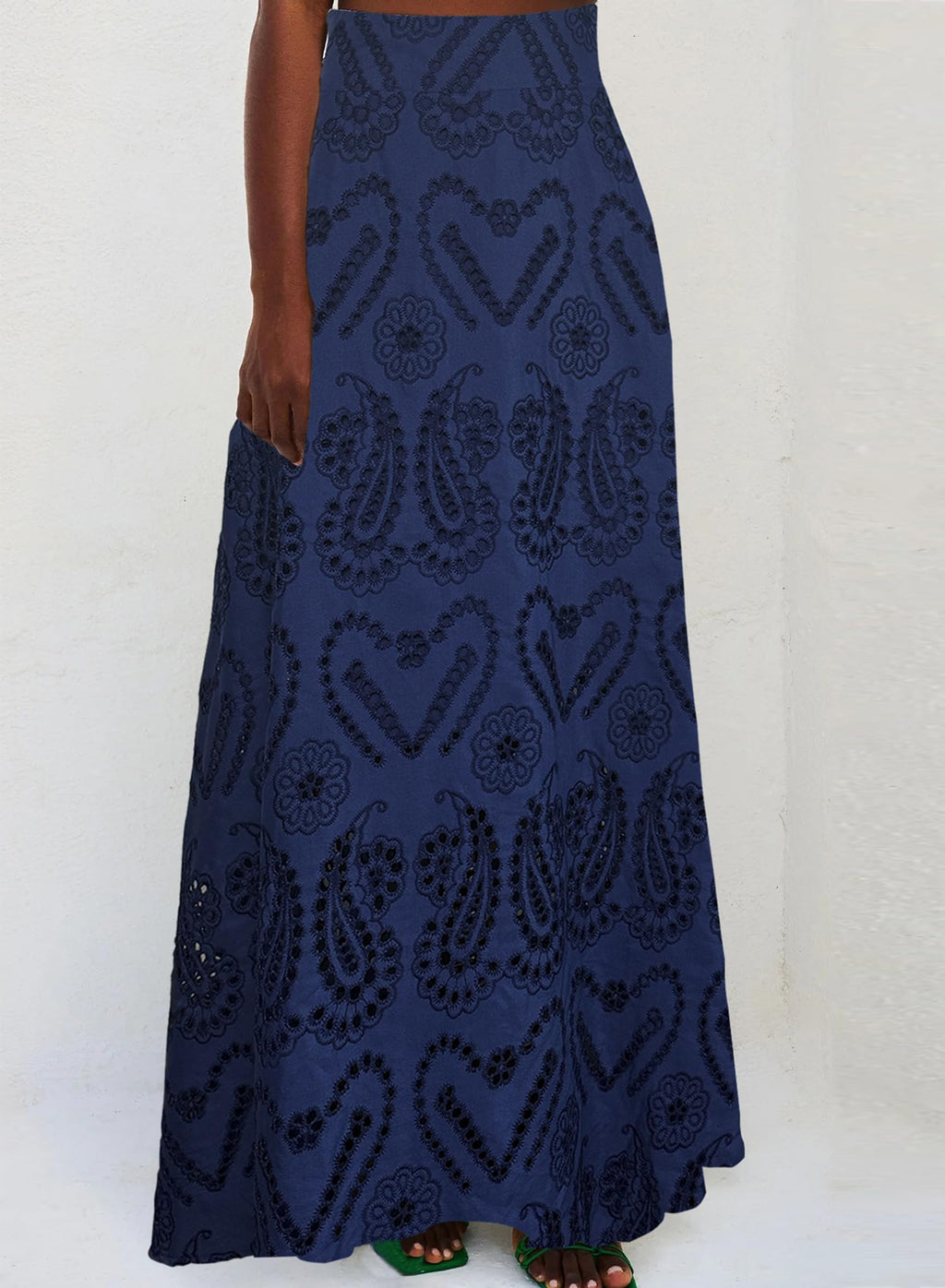 Long Maxi Eyelet Embroidered Skirt, Pleated A Line Party Skirt with Pockets