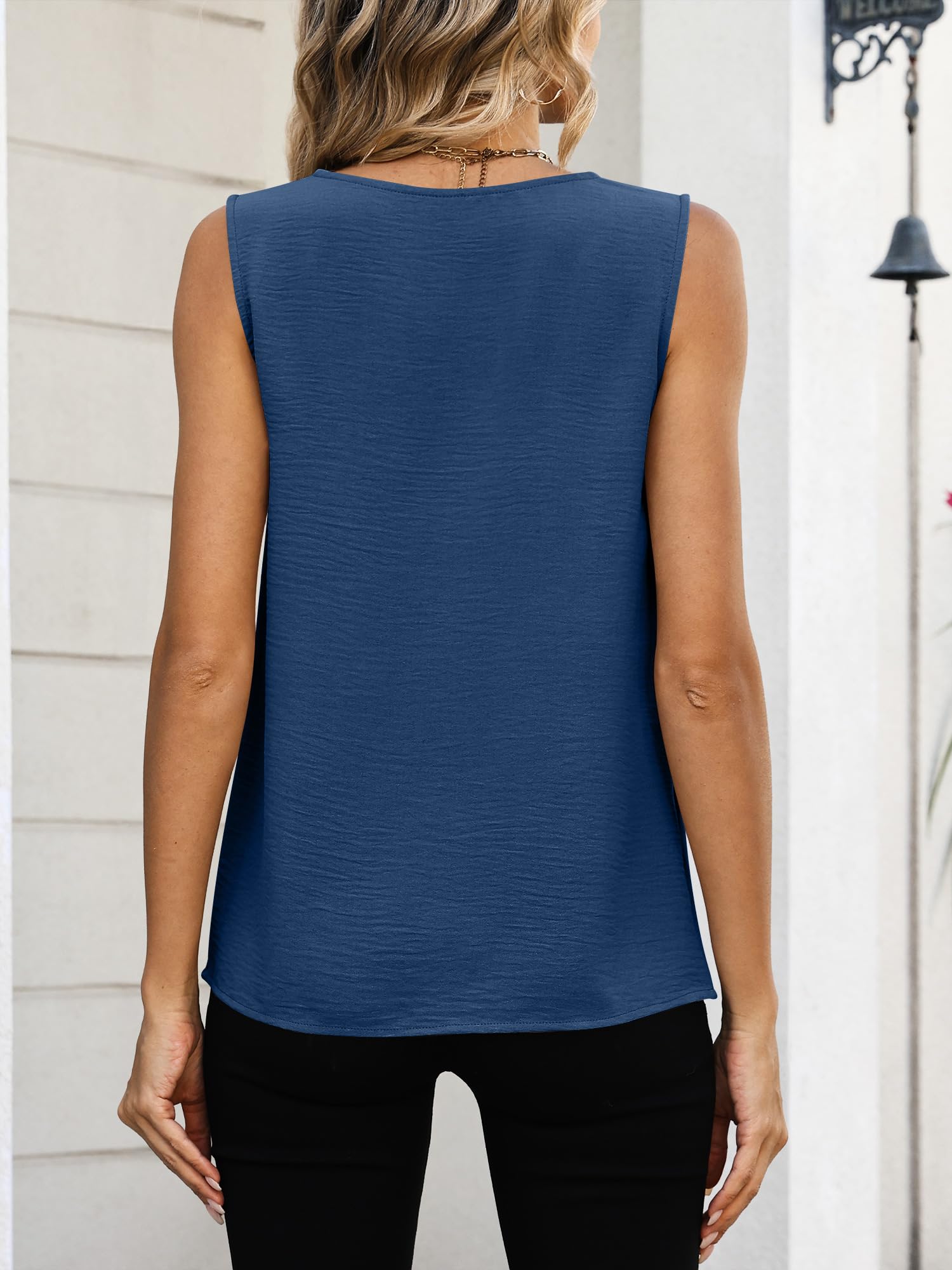 Sleeveless V Neck Tank with Ruched Shoulder, Dressy Casual Blouse for Work & Vacation