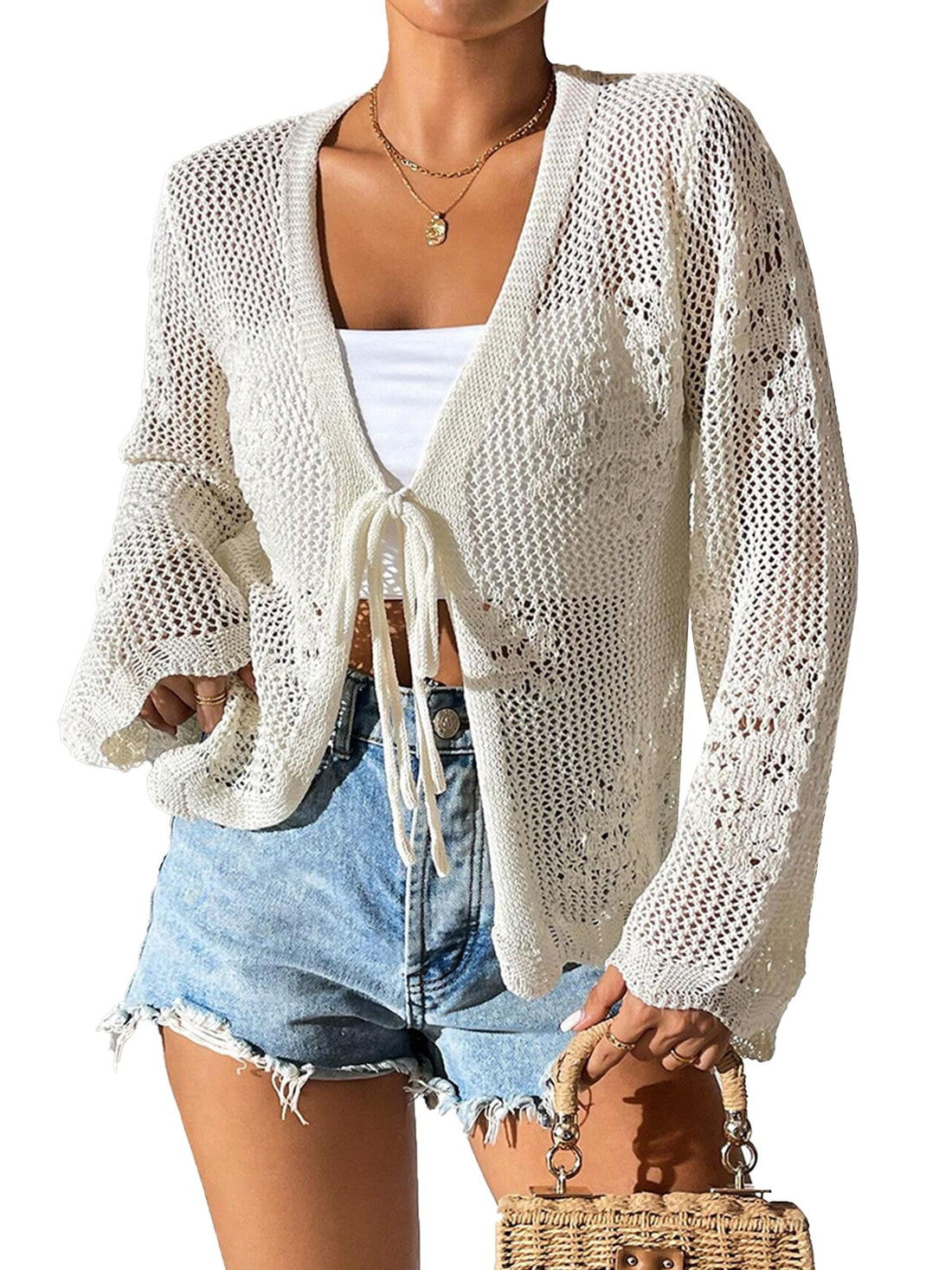 Long Sleeve Crochet Cardigan, Lightweight Mesh Tie Front Beach Cover Up