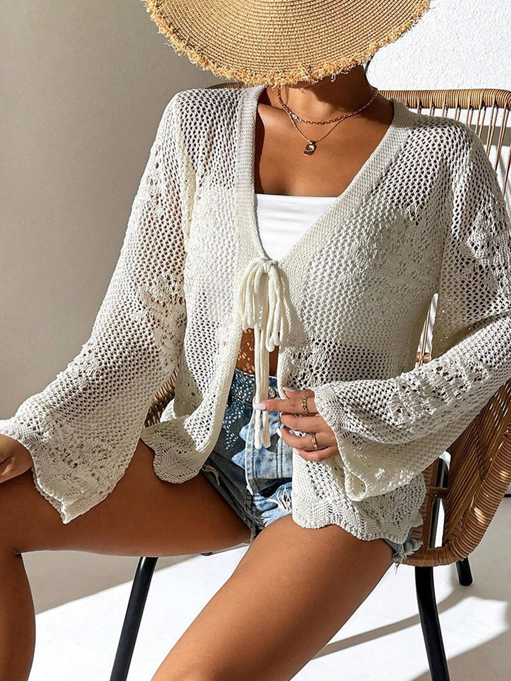 Long Sleeve Crochet Cardigan, Lightweight Mesh Tie Front Beach Cover Up