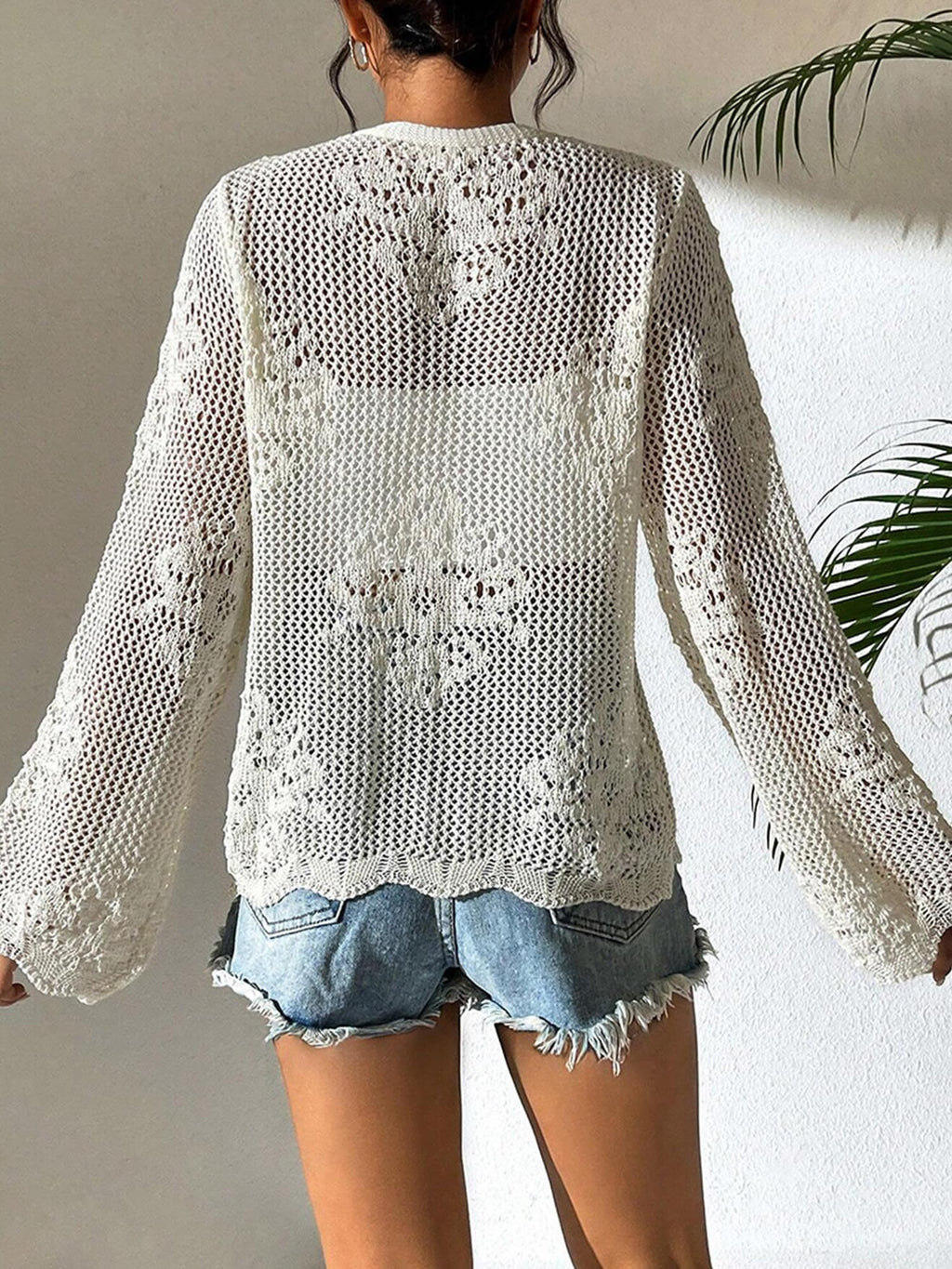 Long Sleeve Crochet Cardigan, Lightweight Mesh Tie Front Beach Cover Up