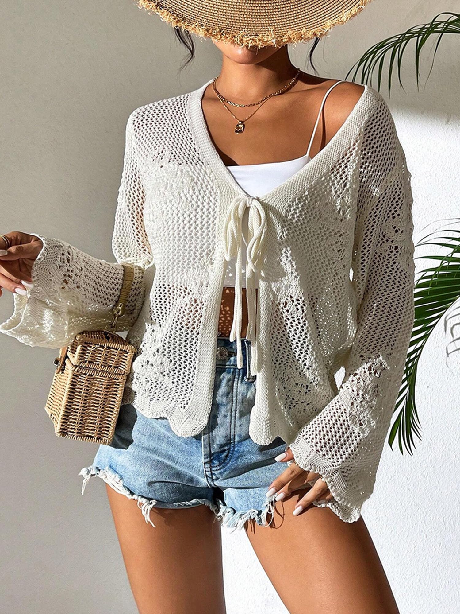 Long Sleeve Crochet Cardigan, Lightweight Mesh Tie Front Beach Cover Up