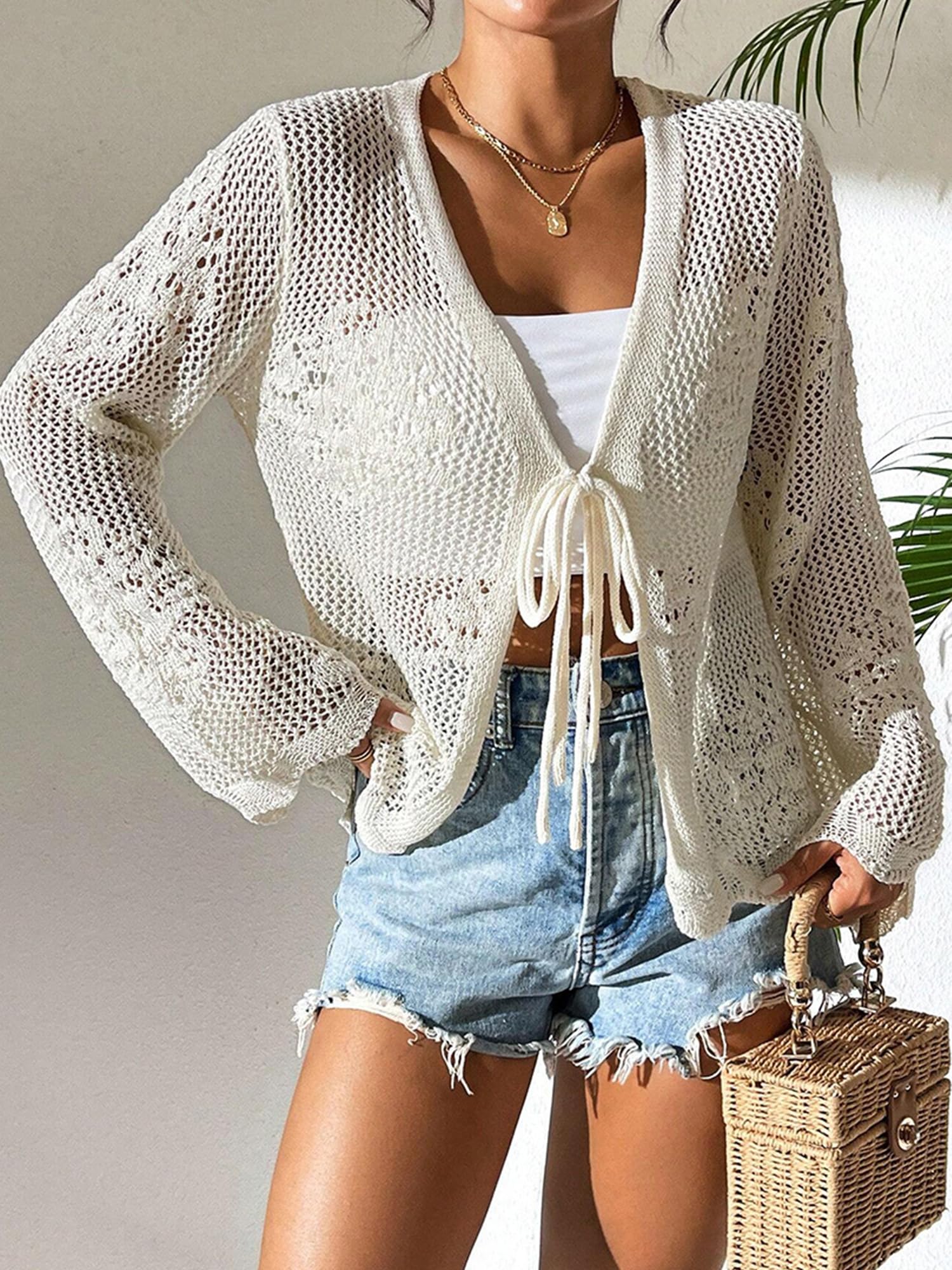 Long Sleeve Crochet Cardigan, Lightweight Mesh Tie Front Beach Cover Up