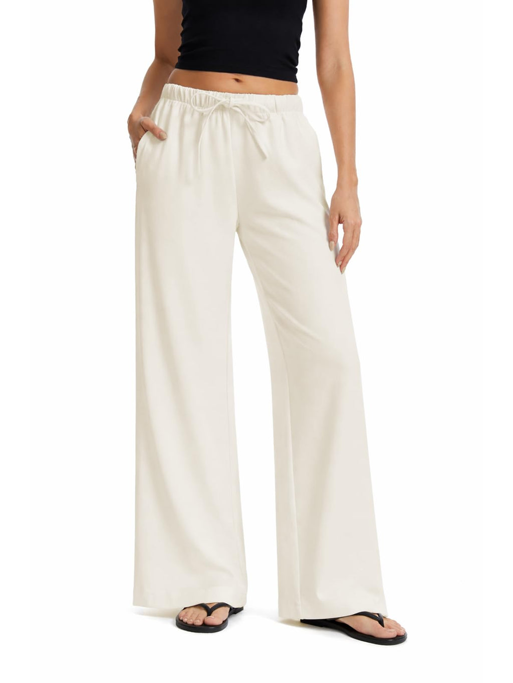 High Waisted Wide Leg Crepe Pants, Pull On Wrinkle Free Trousers with Pockets for Work