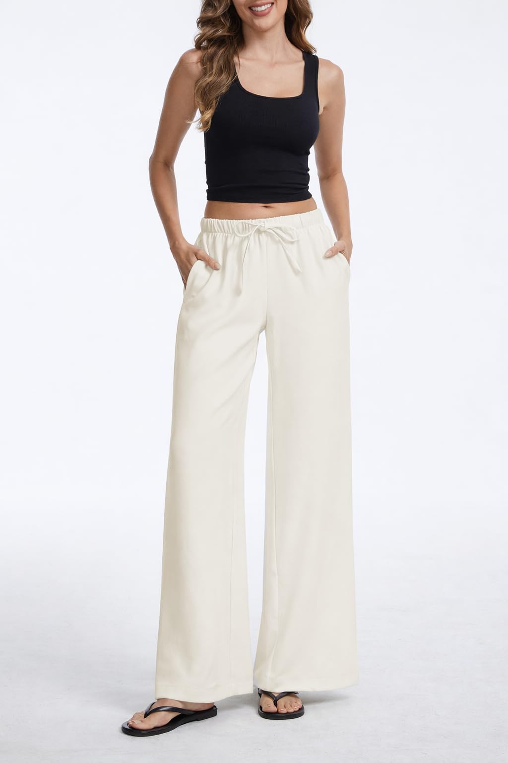 High Waisted Wide Leg Crepe Pants, Pull On Wrinkle Free Trousers with Pockets for Work