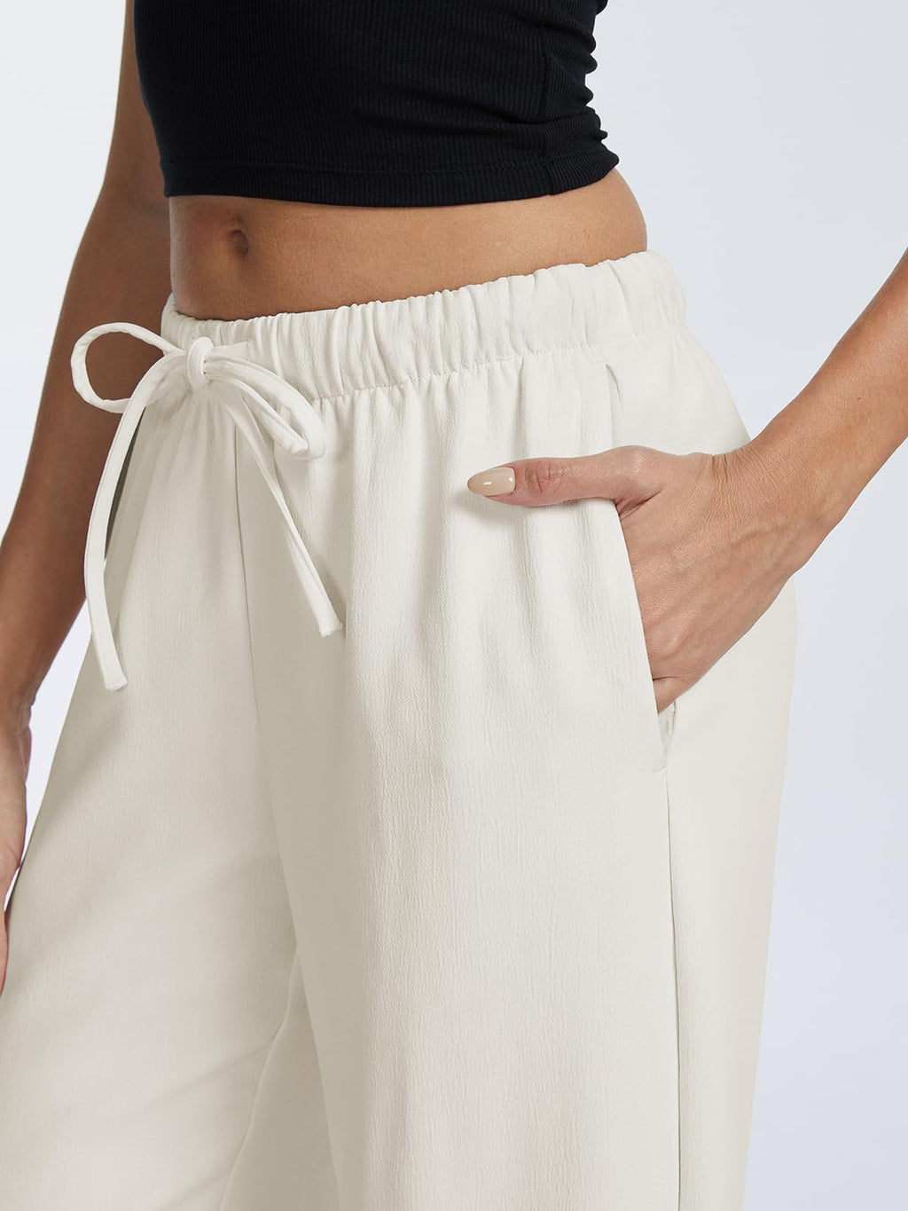 High Waisted Wide Leg Crepe Pants, Pull On Wrinkle Free Trousers with Pockets for Work