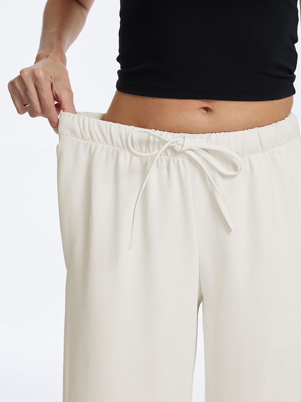 High Waisted Wide Leg Crepe Pants, Pull On Wrinkle Free Trousers with Pockets for Work