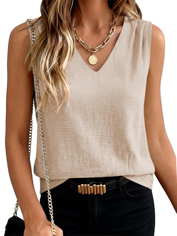 Sleeveless V Neck Tank with Ruched Shoulder, Dressy Casual Blouse for Work & Vacation