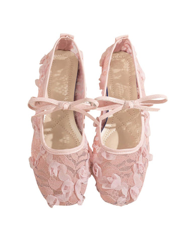 Floral Lace Mesh Ballet Flats, Comfortable Dressy Square Closed Toe Bow Slip On Shoes