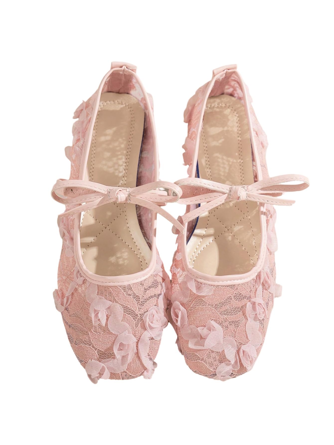 Floral Lace Mesh Ballet Flats, Comfortable Dressy Square Closed Toe Bow Slip On Shoes