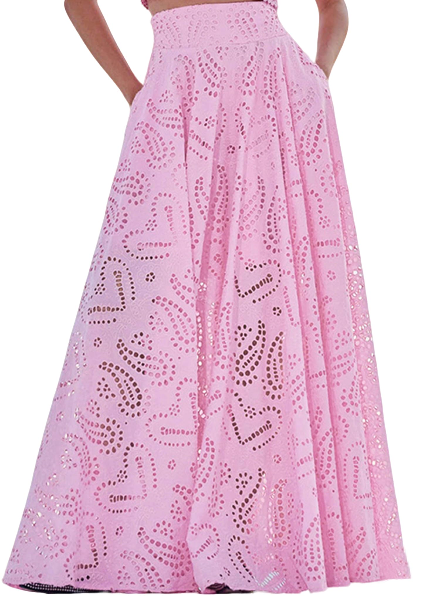 Long Maxi Eyelet Embroidered Skirt, Pleated A Line Party Skirt with Pockets