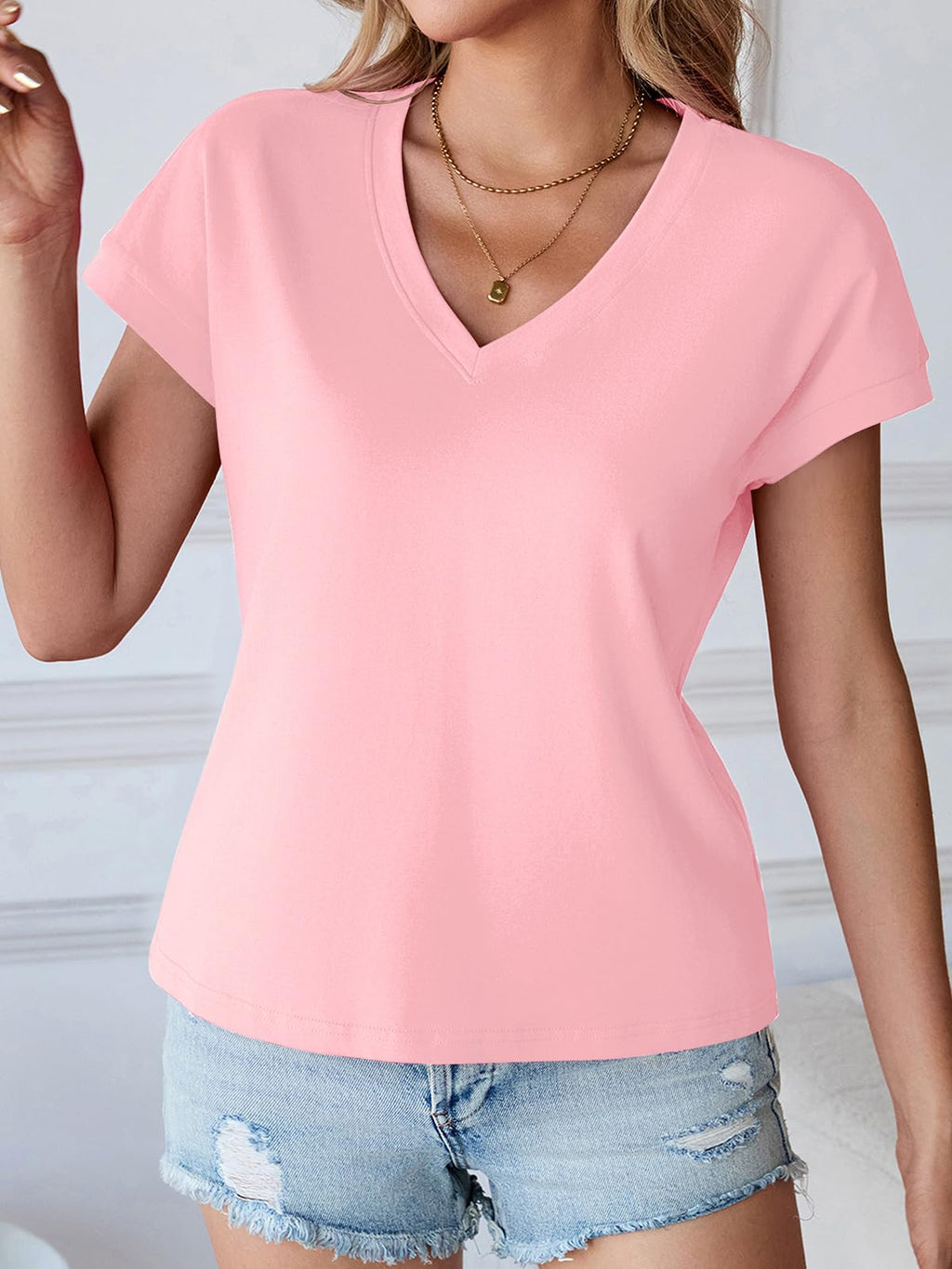 Cap Sleeve Cropped V-Neck Tee – Boxy Loose Fit, Summer Cotton Blouse