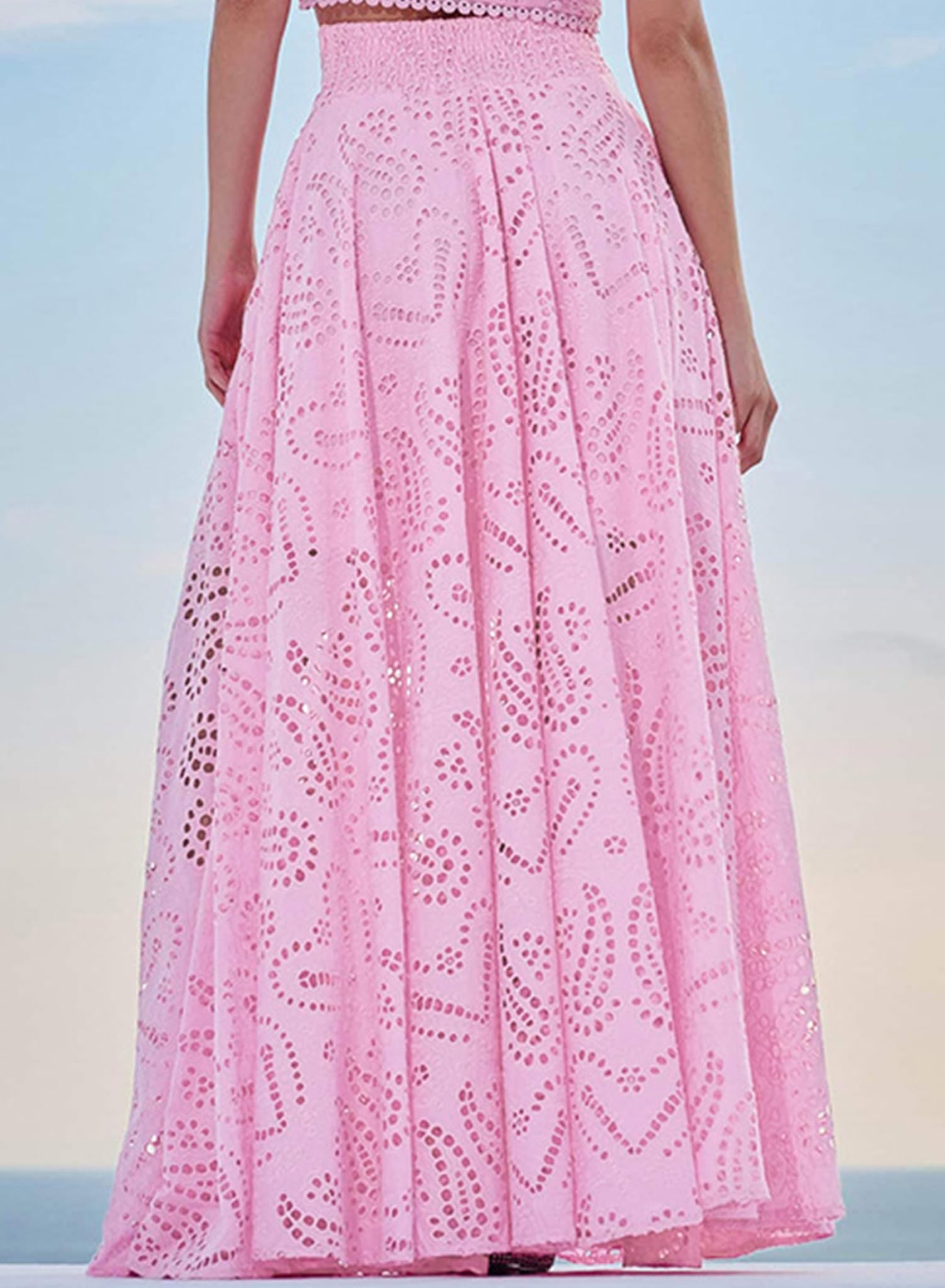 Long Maxi Eyelet Embroidered Skirt, Pleated A Line Party Skirt with Pockets