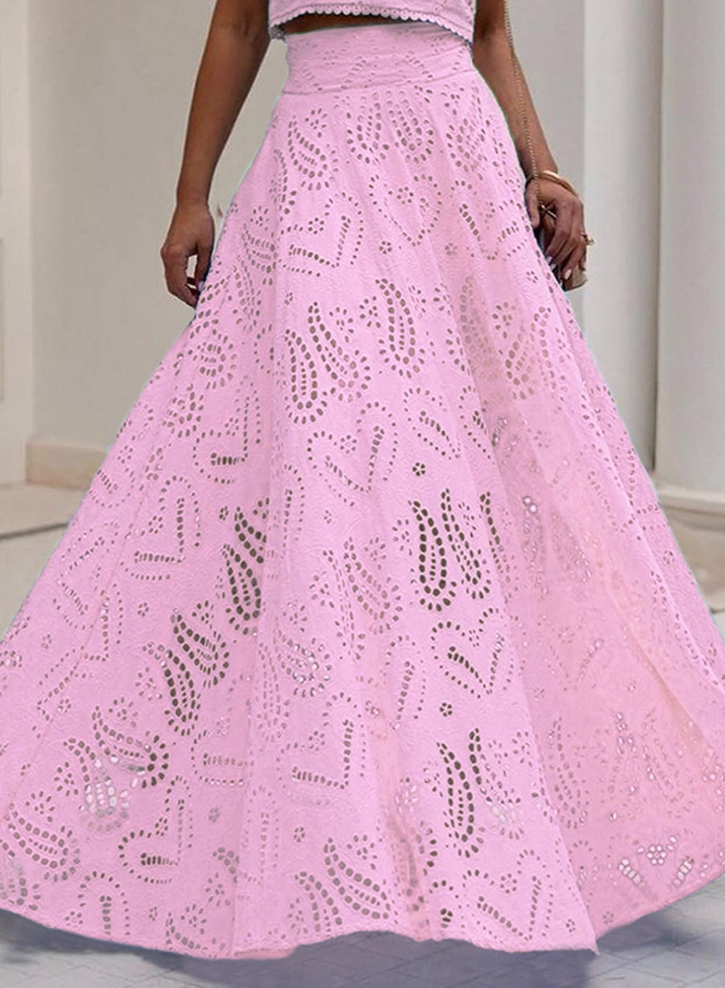 Long Maxi Eyelet Embroidered Skirt, Pleated A Line Party Skirt with Pockets