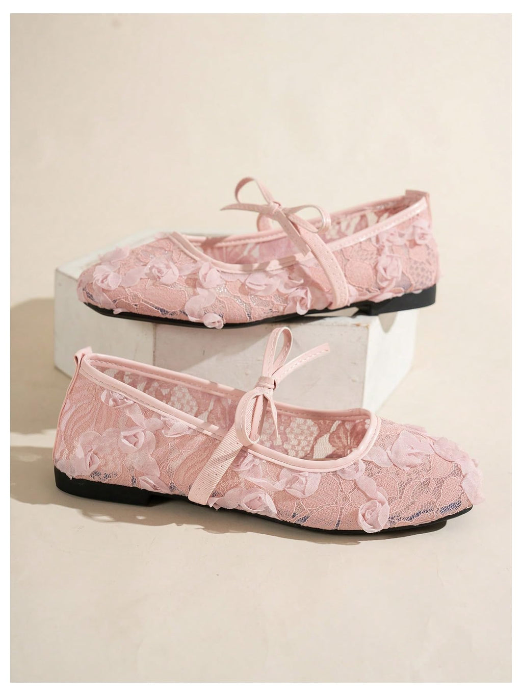 Floral Lace Mesh Ballet Flats, Comfortable Dressy Square Closed Toe Bow Slip On Shoes