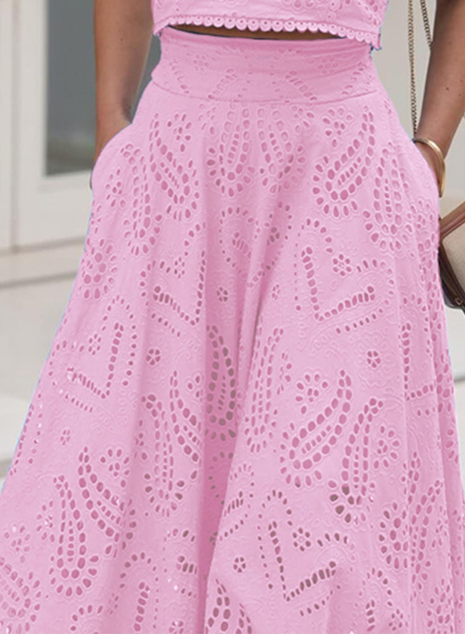 Long Maxi Eyelet Embroidered Skirt, Pleated A Line Party Skirt with Pockets