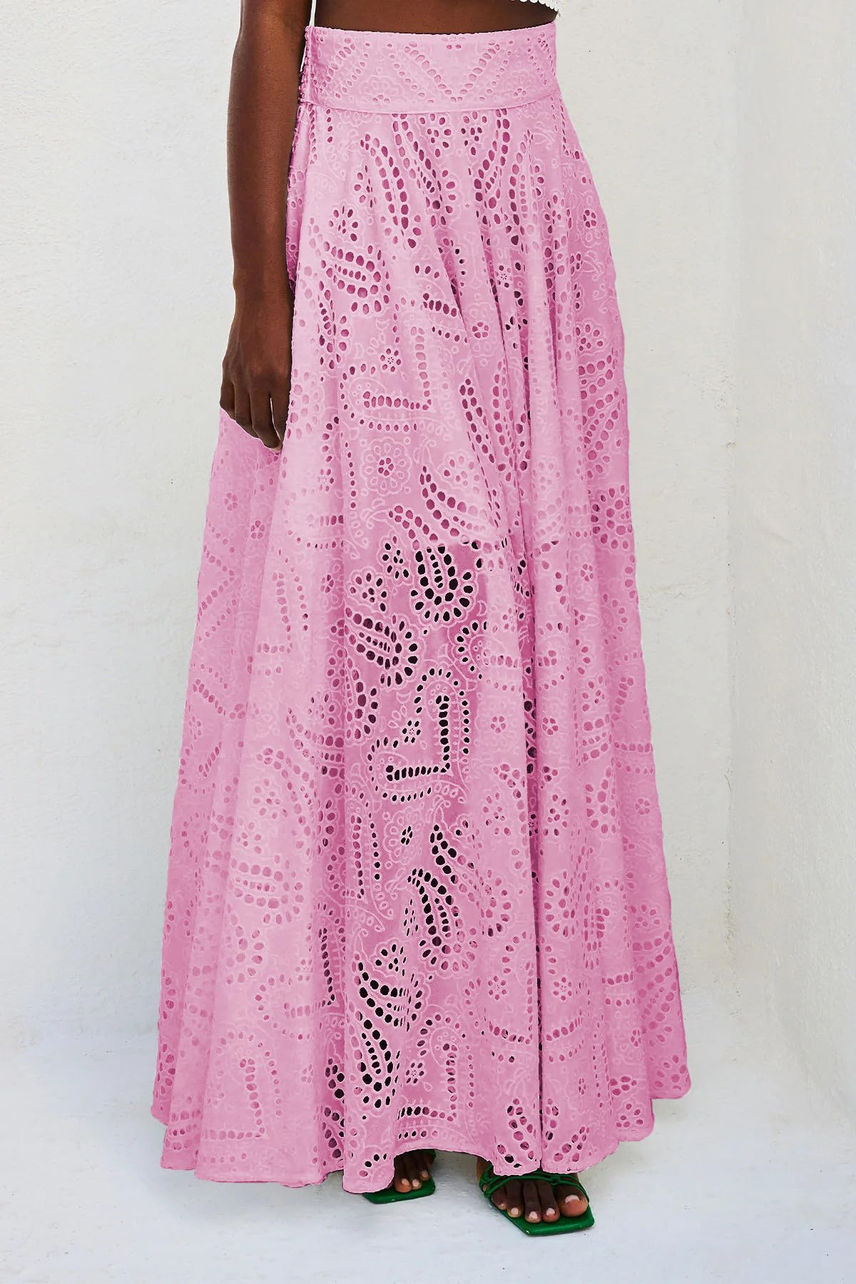 Long Maxi Eyelet Embroidered Skirt, Pleated A Line Party Skirt with Pockets