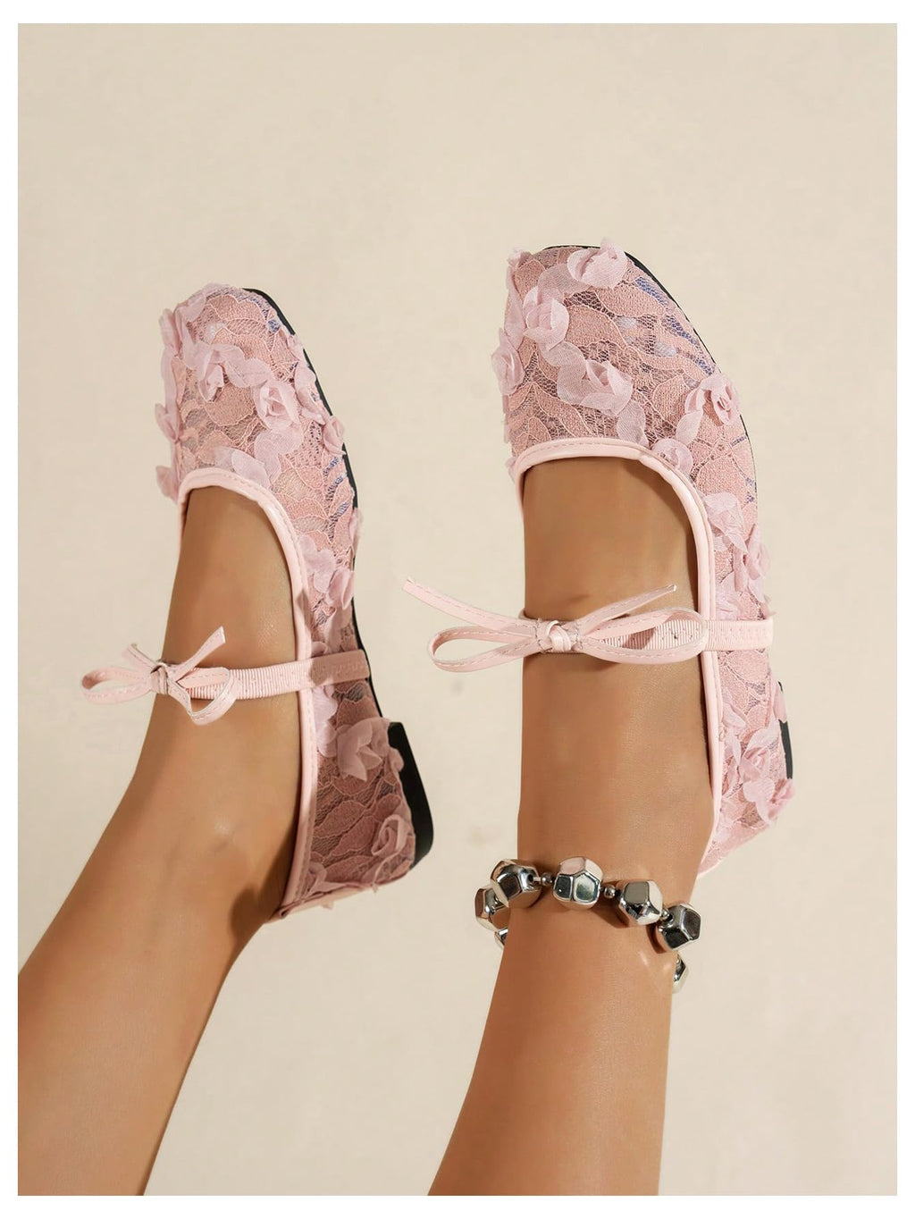 Floral Lace Mesh Ballet Flats, Comfortable Dressy Square Closed Toe Bow Slip On Shoes