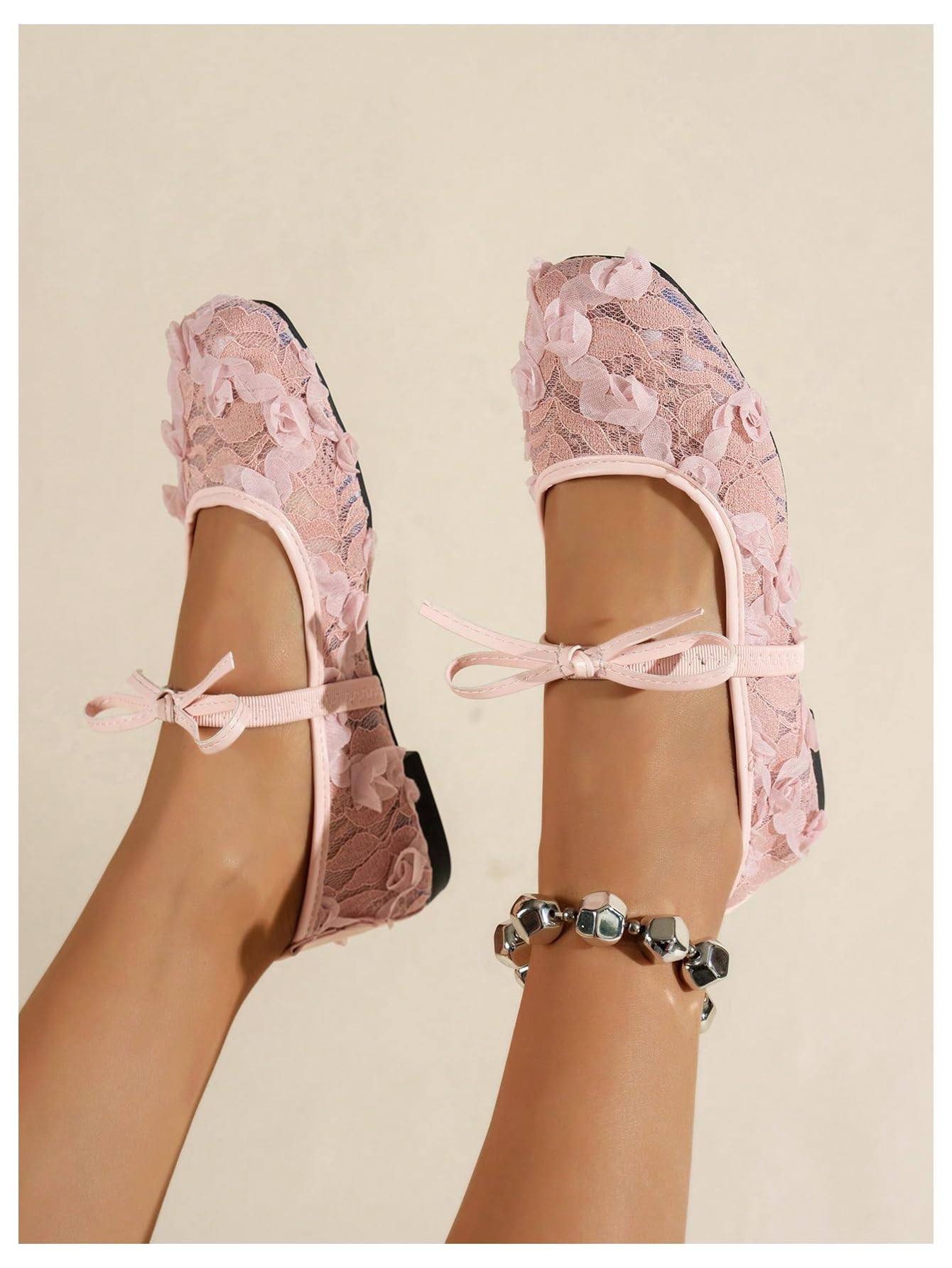 Floral Lace Mesh Ballet Flats, Comfortable Dressy Square Closed Toe Bow Slip On Shoes