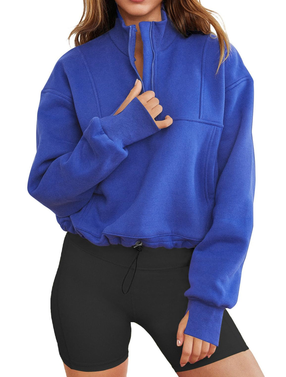 Half Zip Cropped Hoodie with Thumb Holes, Oversized V Neck Pullover with Drawstring Waistband