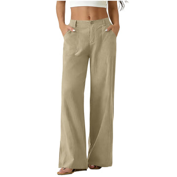 High Waist Straight Leg Linen Trousers, Wide Leg Casual Business Pants with Pockets