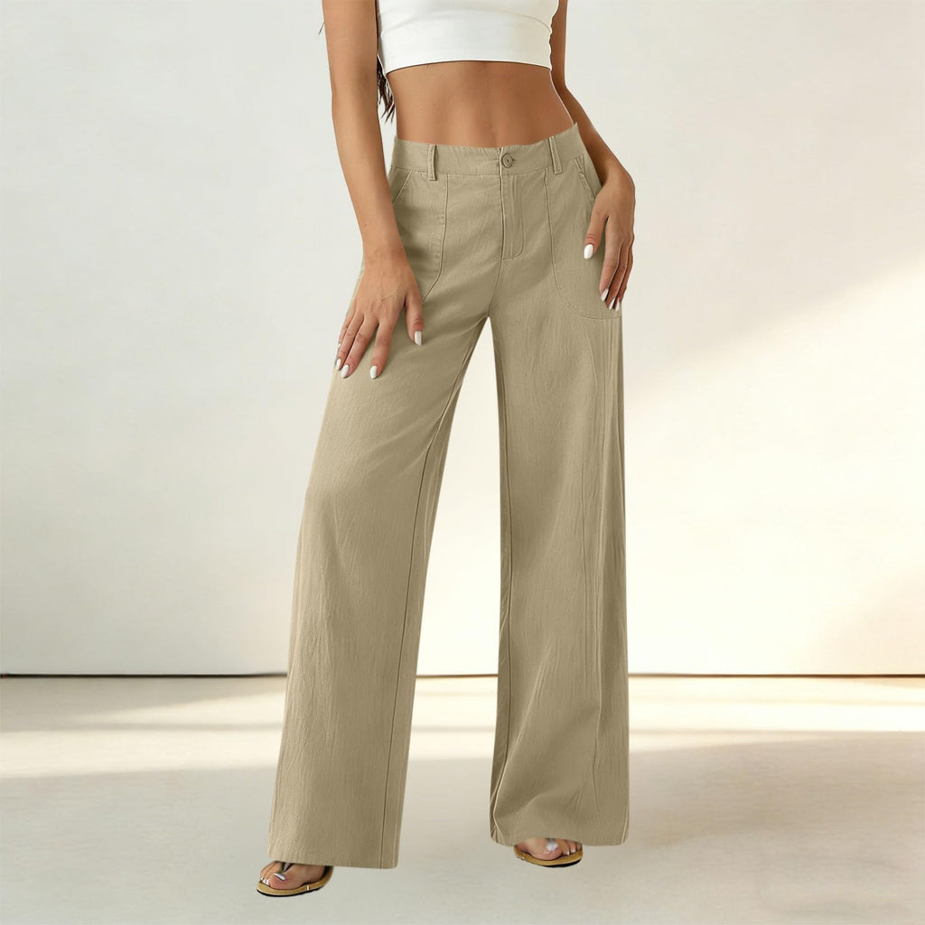 High Waist Straight Leg Linen Trousers, Wide Leg Casual Business Pants with Pockets