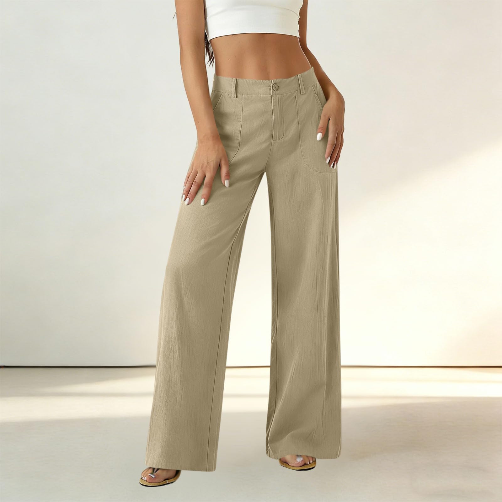 High Waist Straight Leg Linen Trousers, Wide Leg Casual Business Pants with Pockets