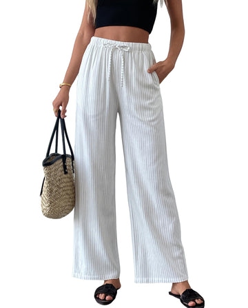 Striped Linen Blend Wide Leg Pants, High Waisted Drawstring Lounge Trousers with Pockets