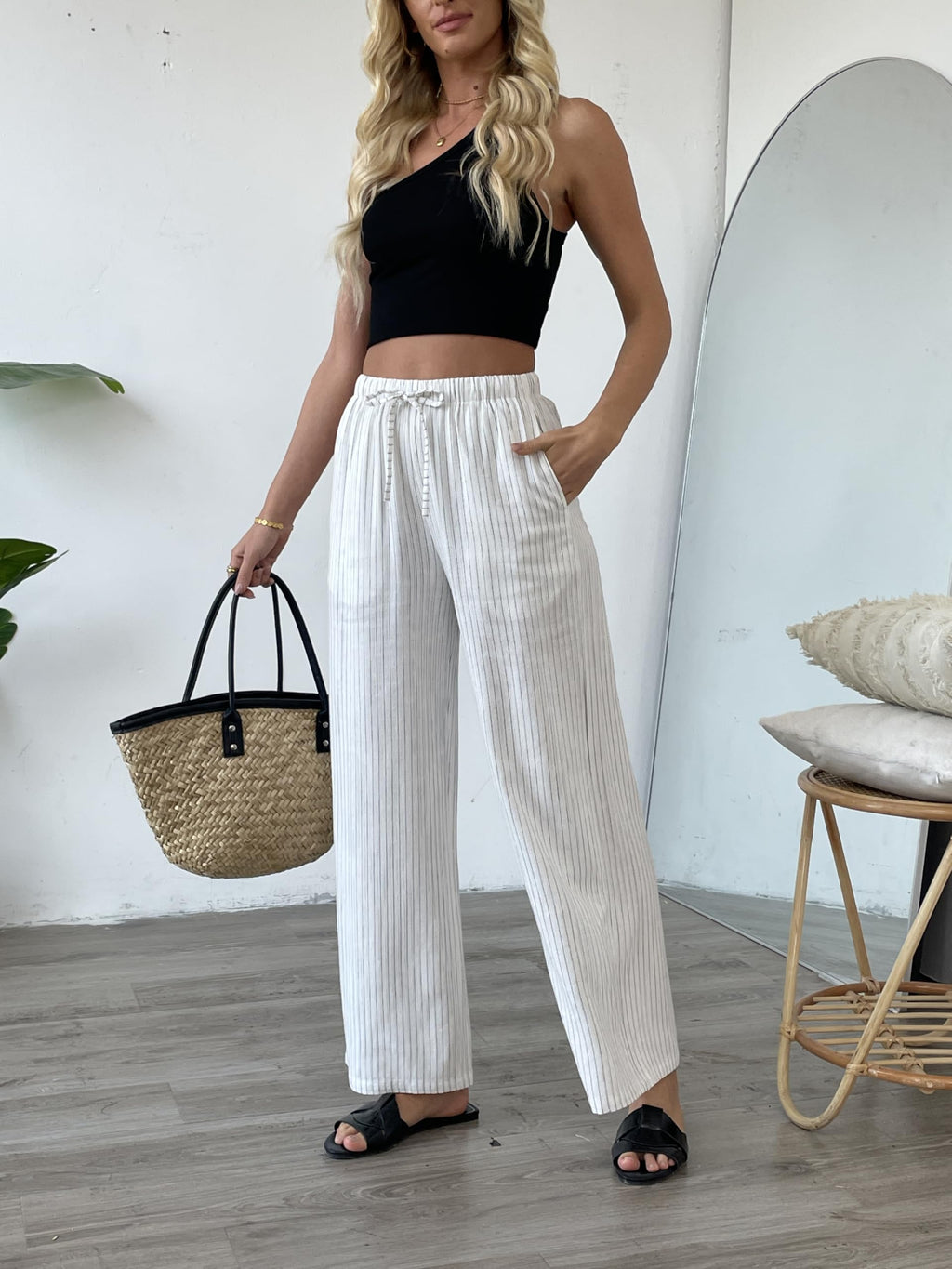 Striped Linen Blend Wide Leg Pants, High Waisted Drawstring Lounge Trousers with Pockets