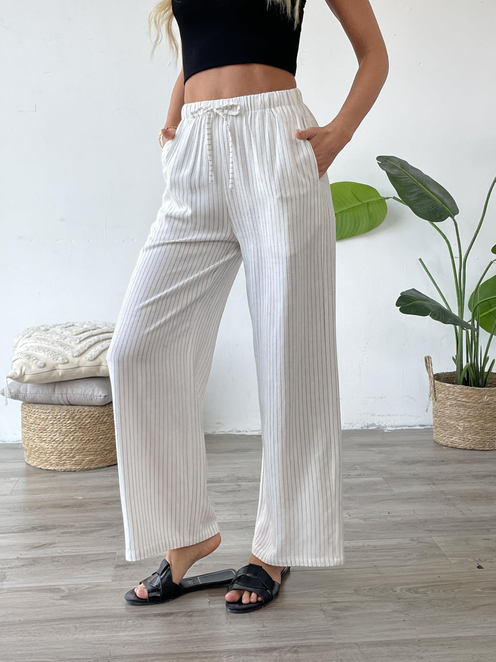 Striped Linen Blend Wide Leg Pants, High Waisted Drawstring Lounge Trousers with Pockets