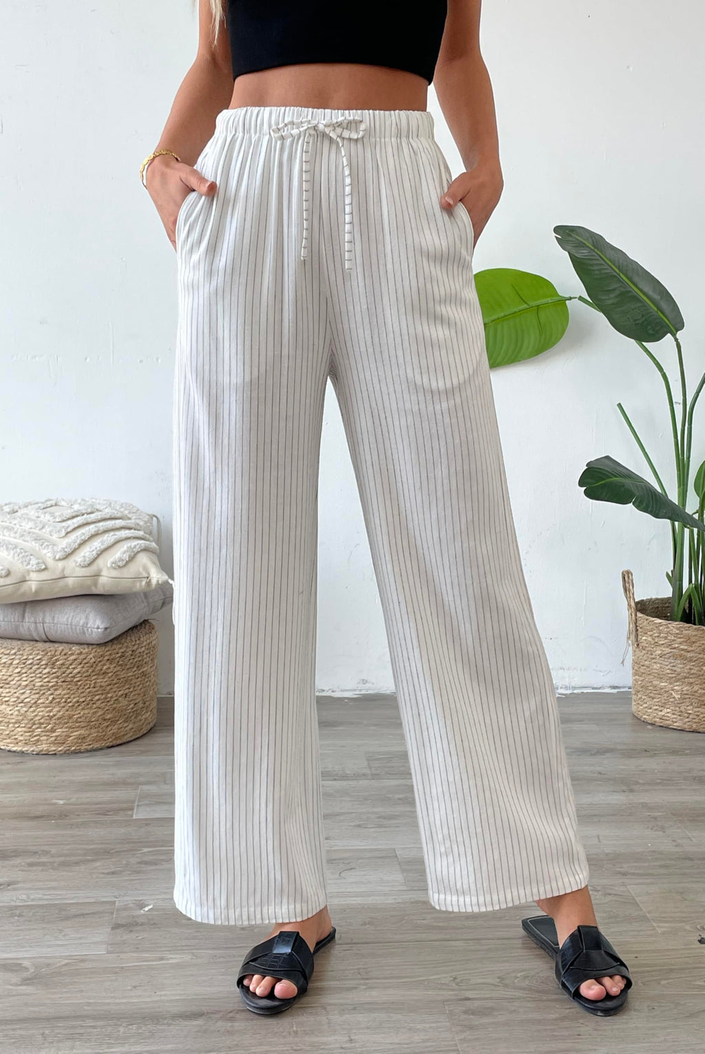 Striped Linen Blend Wide Leg Pants, High Waisted Drawstring Lounge Trousers with Pockets