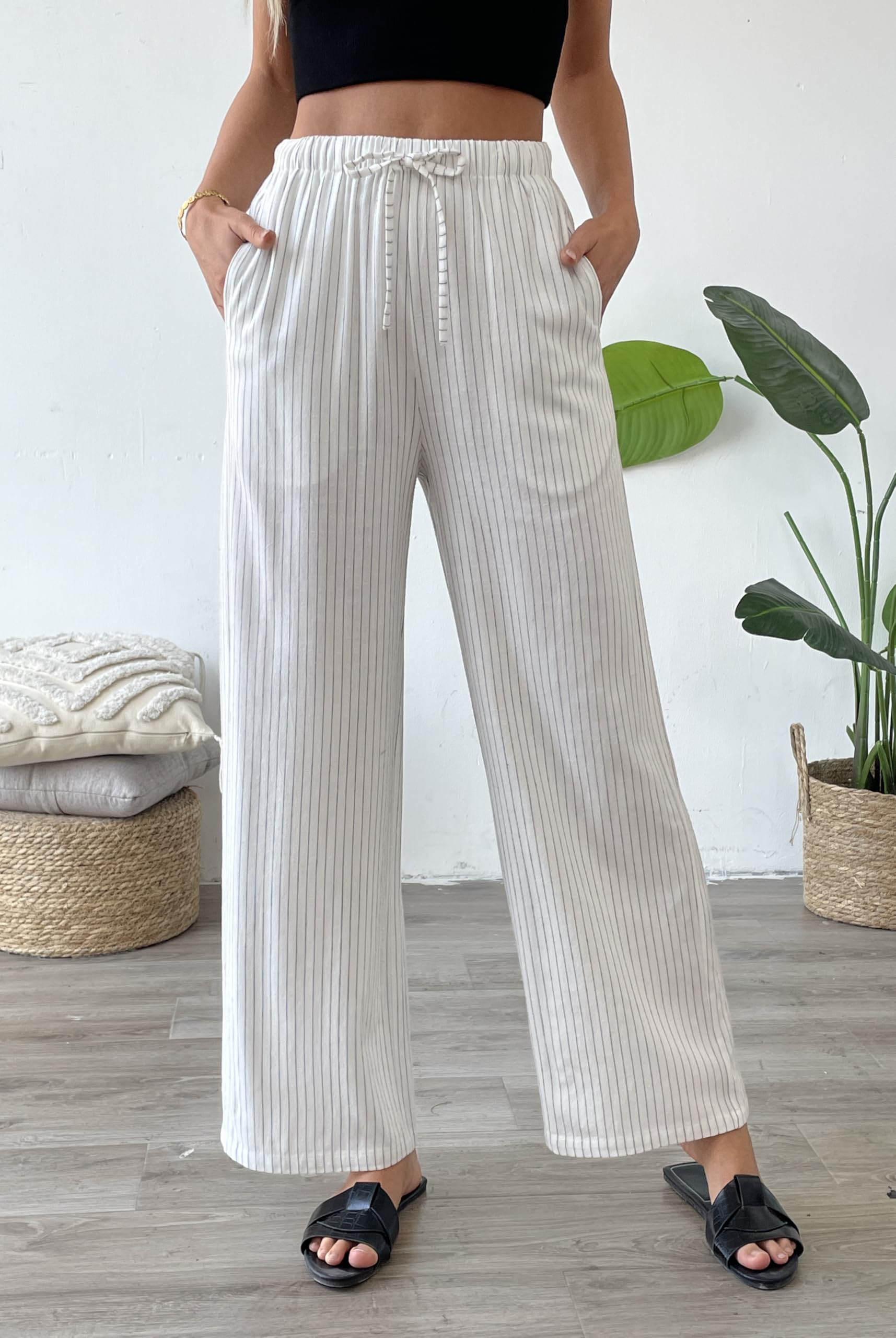 Striped Linen Blend Wide Leg Pants, High Waisted Drawstring Lounge Trousers with Pockets