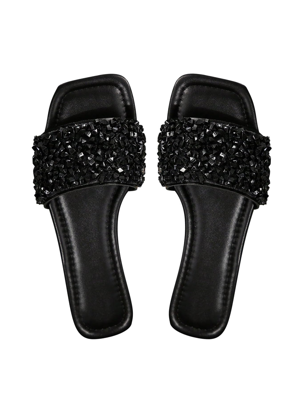 Sparkly Rhinestone Flat Sandals, Dressy Square Toe Slide Shoes with Single Strap for Summer