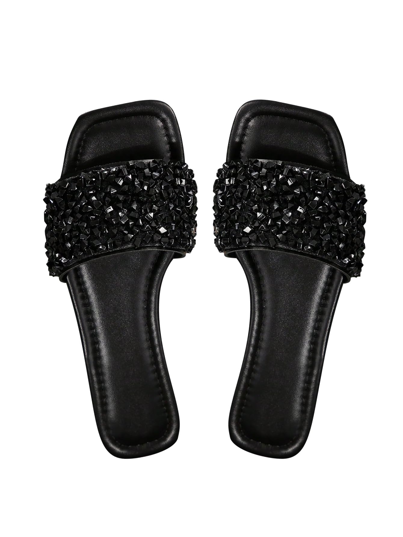 Sparkly Rhinestone Flat Sandals, Dressy Square Toe Slide Shoes with Single Strap for Summer