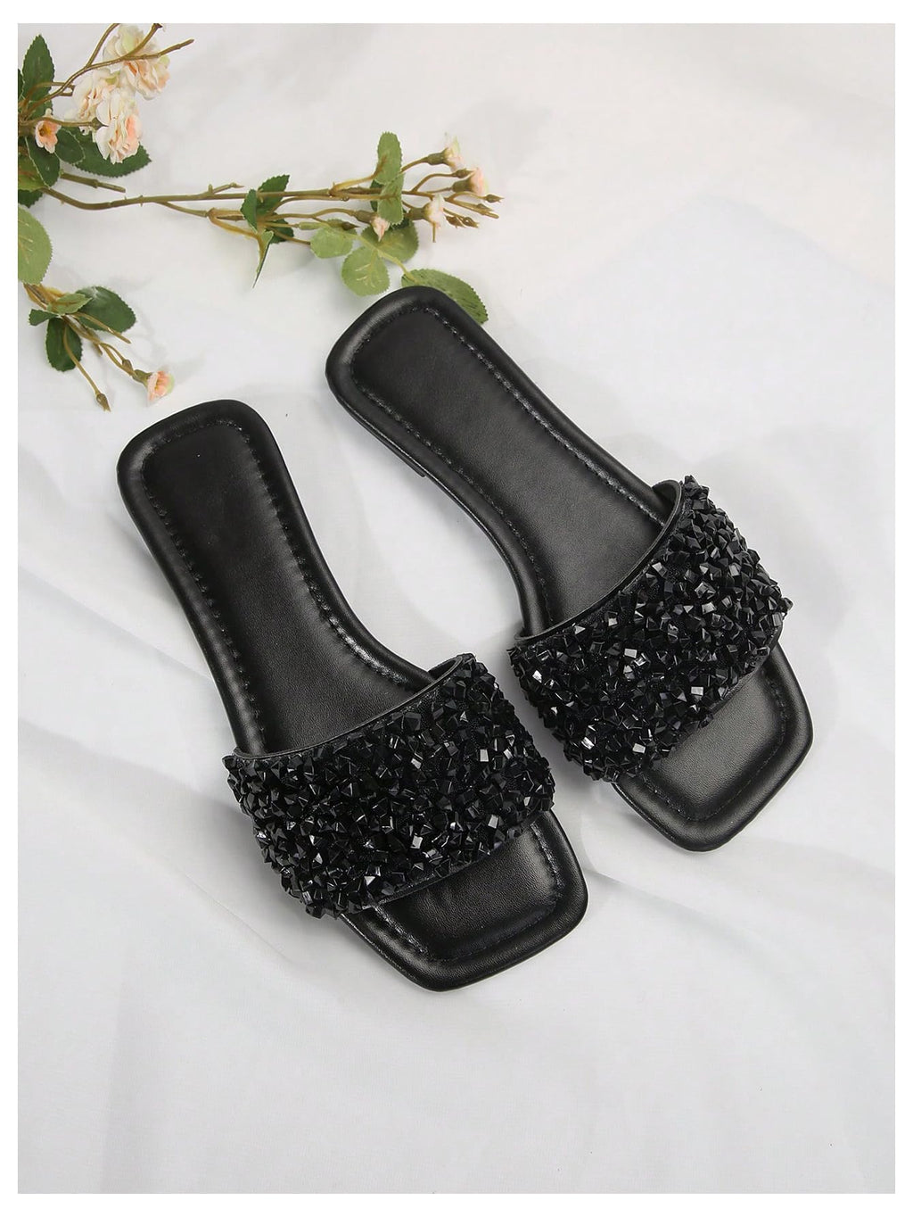 Sparkly Rhinestone Flat Sandals, Dressy Square Toe Slide Shoes with Single Strap for Summer