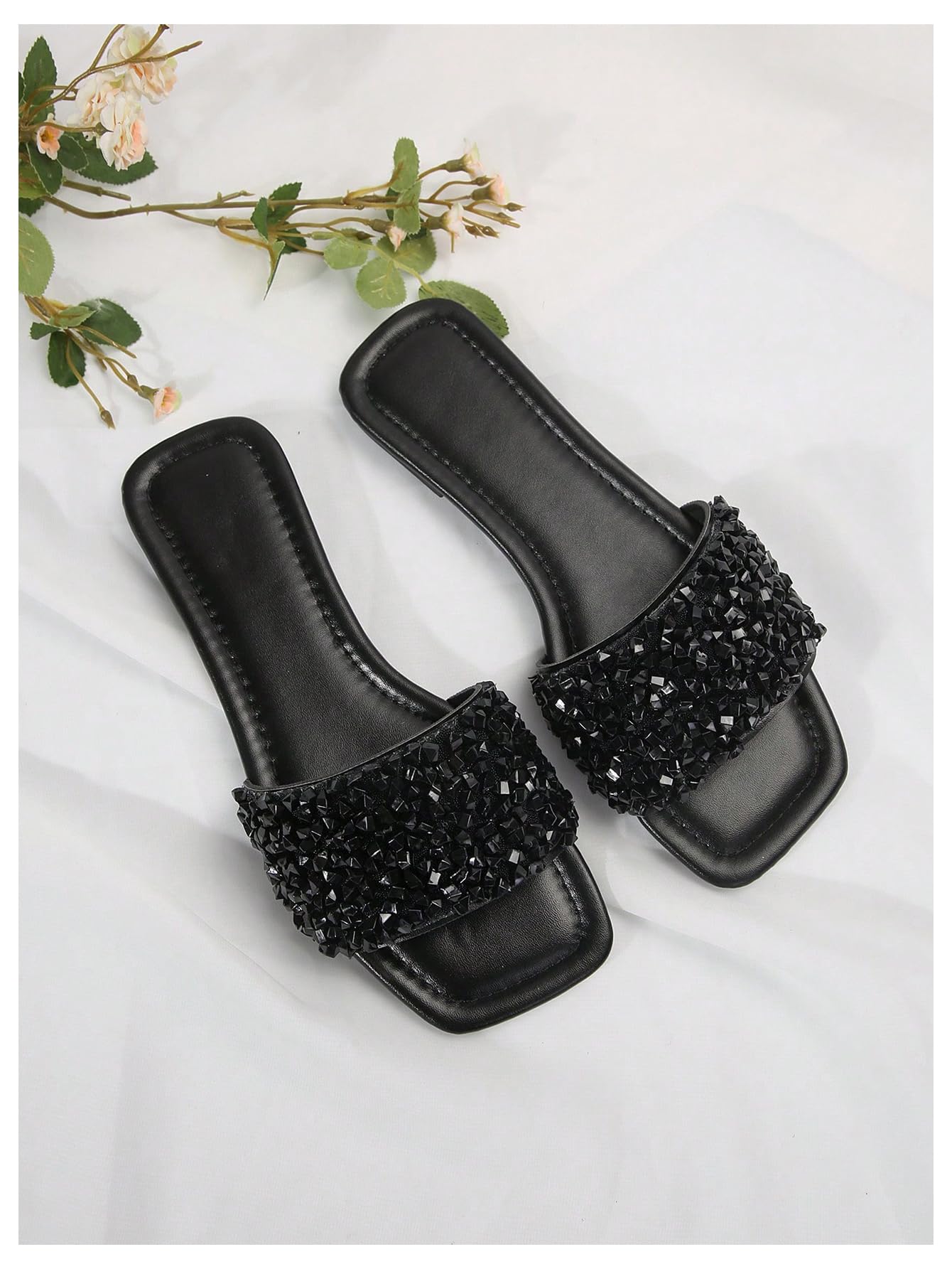 Sparkly Rhinestone Flat Sandals, Dressy Square Toe Slide Shoes with Single Strap for Summer