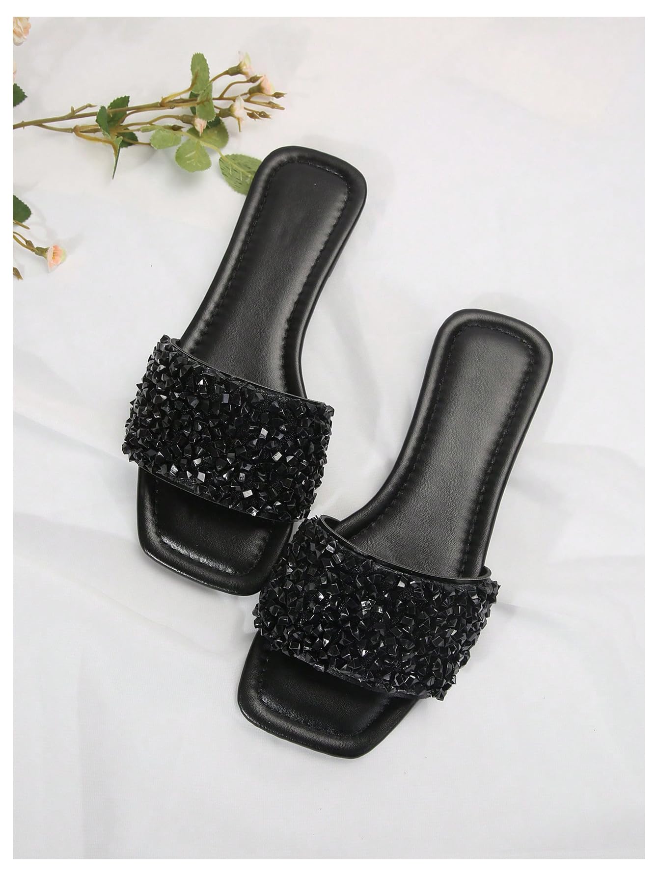 Sparkly Rhinestone Flat Sandals, Dressy Square Toe Slide Shoes with Single Strap for Summer
