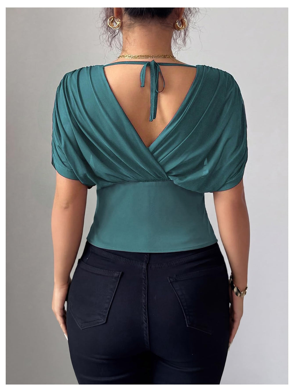 Sheer Mesh Wrap Tee with Cinched Waist – Ruched Tie-Back Detail, V-Neck Dolman Sleeve