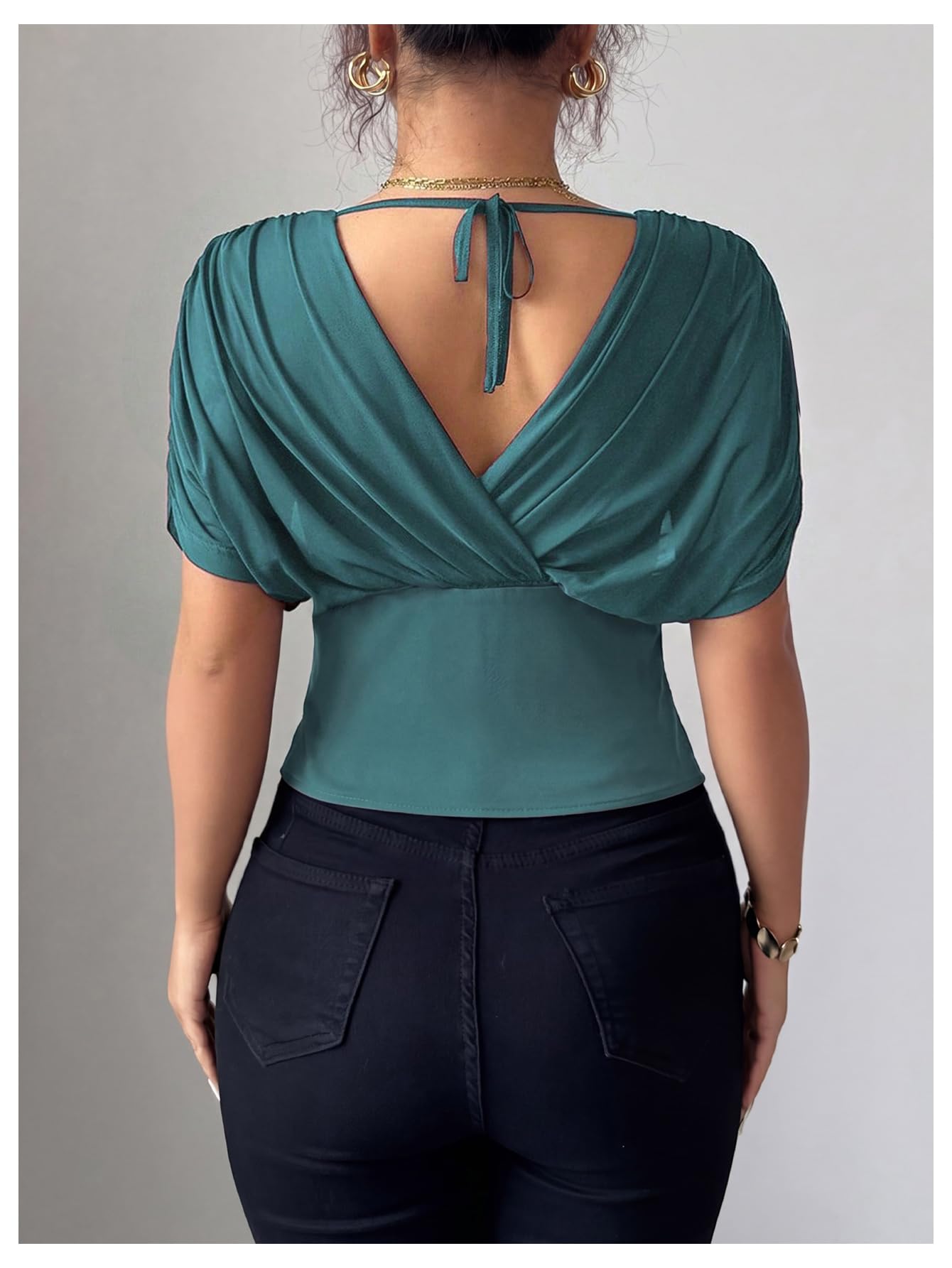 Sheer Mesh Wrap Tee with Cinched Waist – Ruched Tie-Back Detail, V-Neck Dolman Sleeve