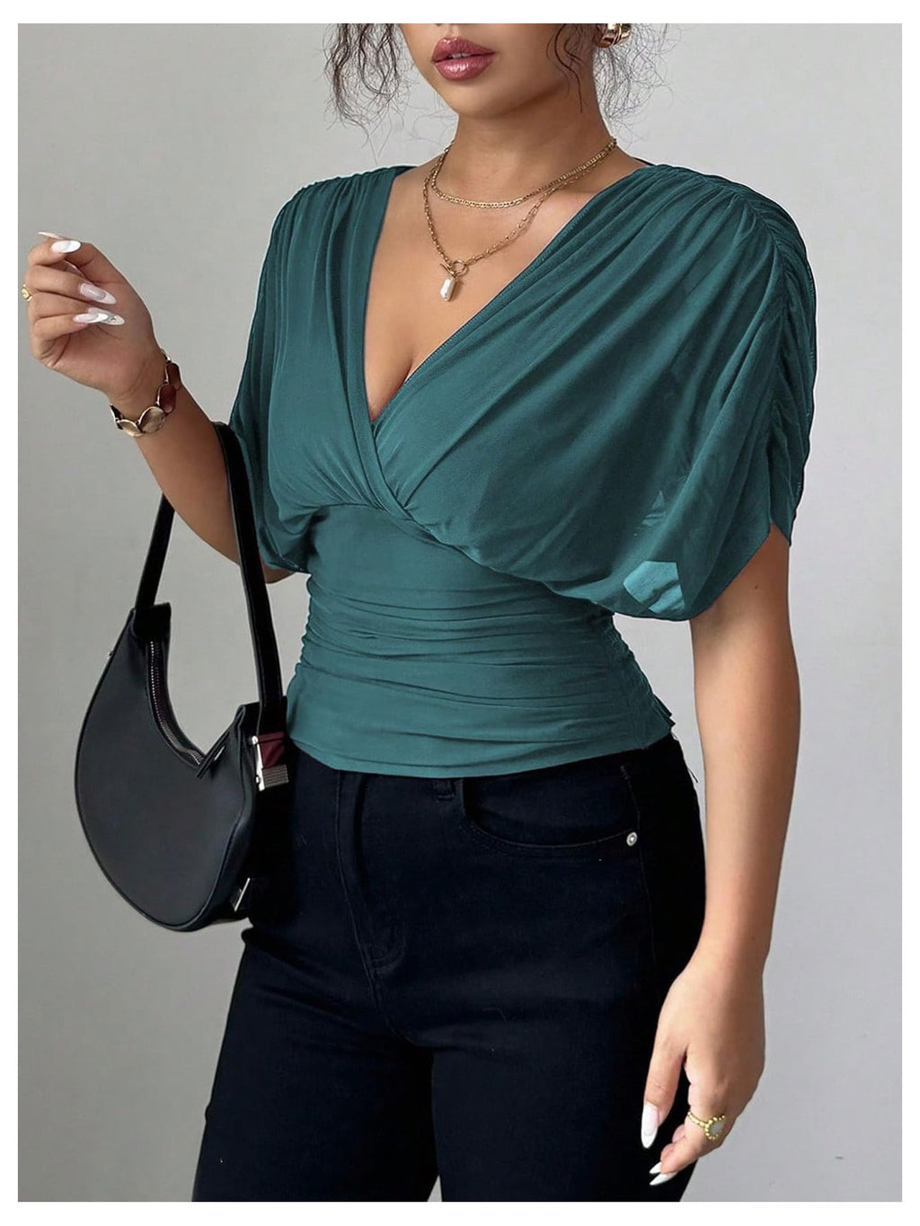 Sheer Mesh Wrap Tee with Cinched Waist – Ruched Tie-Back Detail, V-Neck Dolman Sleeve