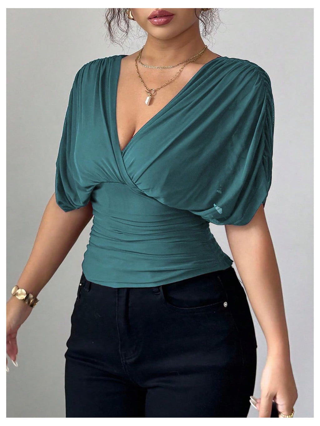 Sheer Mesh Wrap Tee with Cinched Waist – Ruched Tie-Back Detail, V-Neck Dolman Sleeve