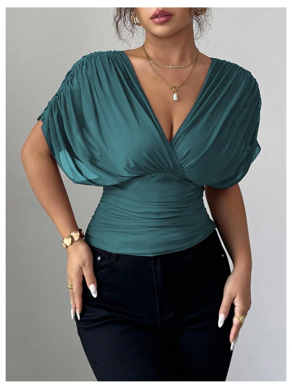 Sheer Mesh Wrap Tee with Cinched Waist – Ruched Tie-Back Detail, V-Neck Dolman Sleeve