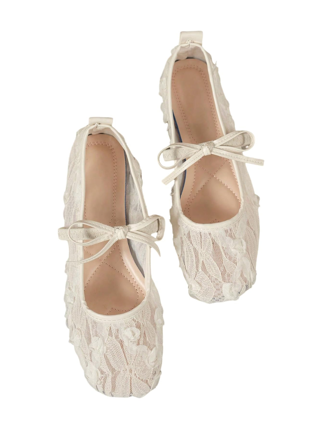 Floral Lace Mesh Ballet Flats, Comfortable Dressy Square Closed Toe Bow Slip On Shoes