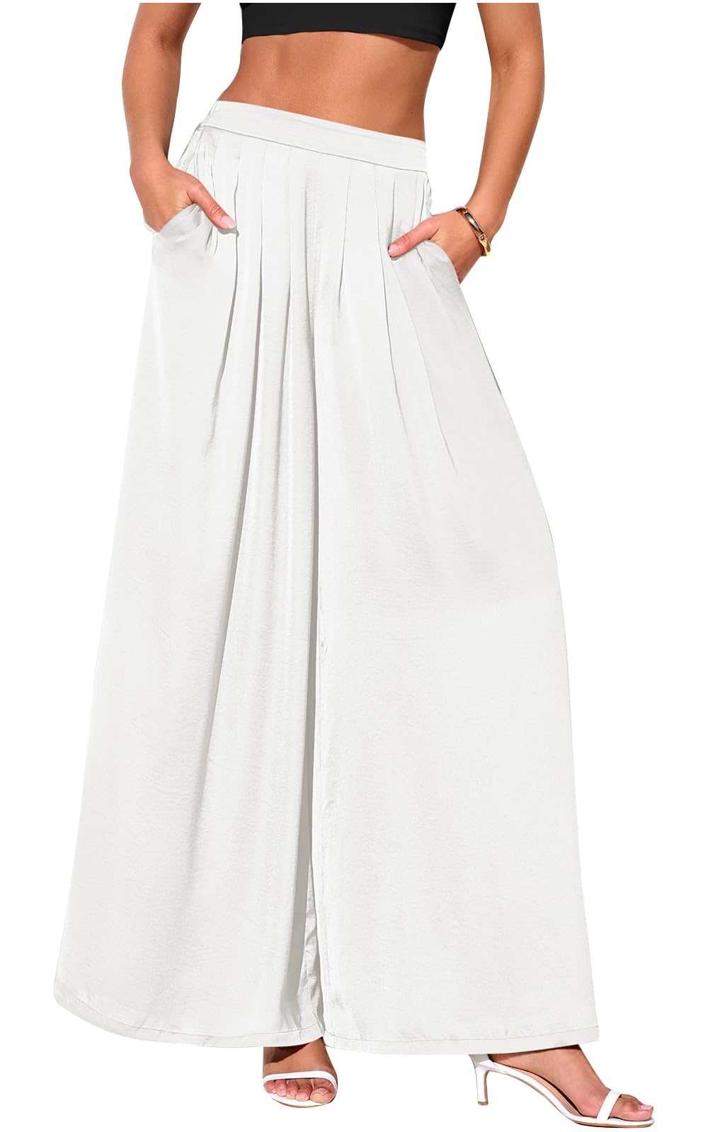 High Waisted Pleated Wide Leg Pants, Back Elastic Waist Flowy Trousers with Pockets for Work